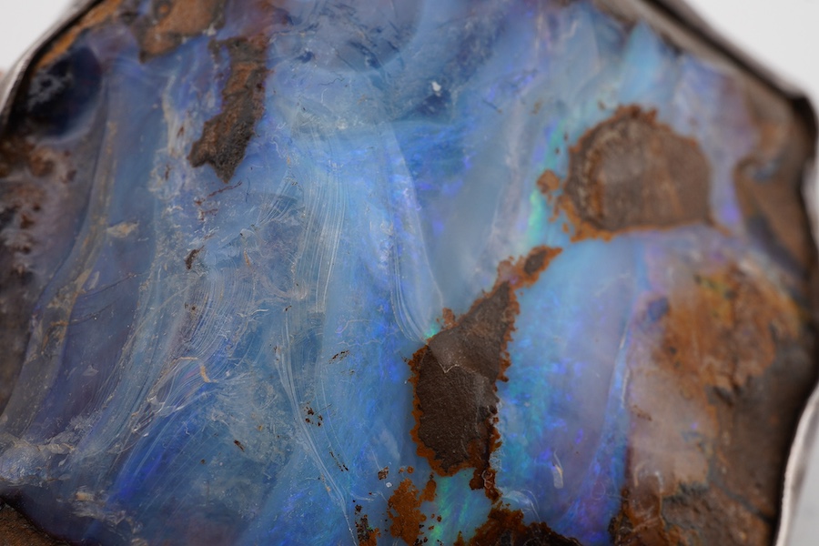 A 925 mounted rough cut opal pendant brooch, 52mm by 47mm. Condition - fair
